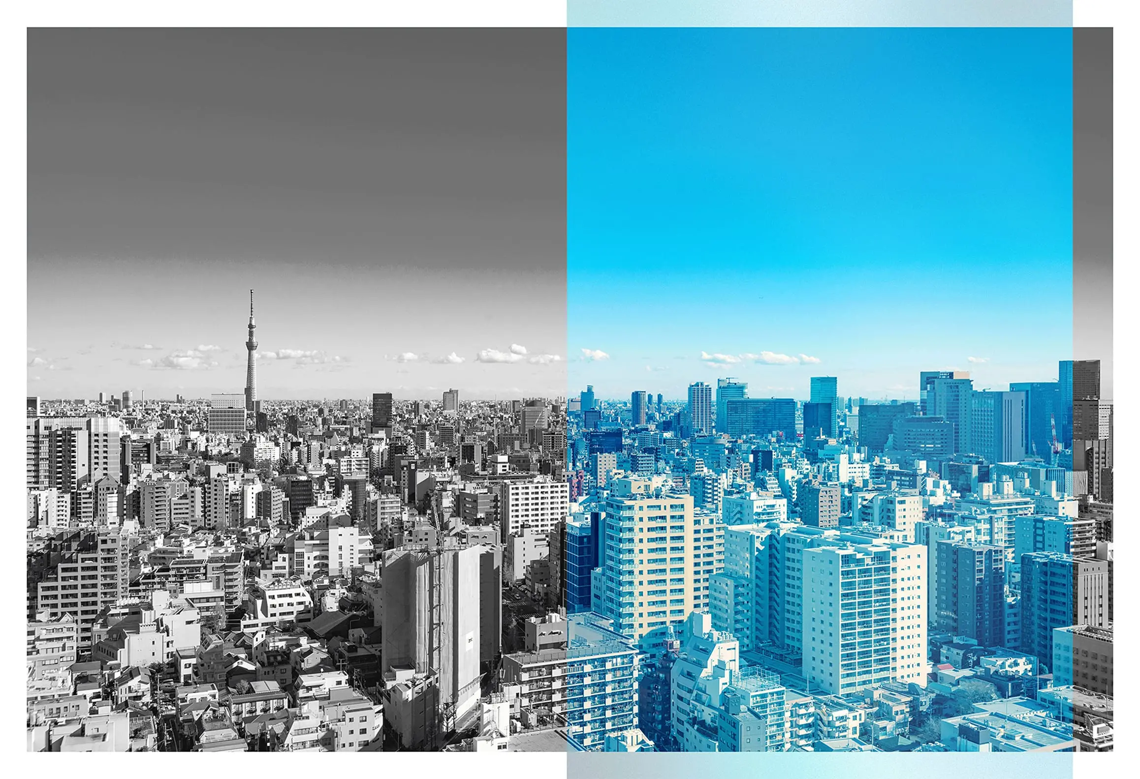都市の風景写真。左半分はモノクロ、右半分は鮮やかな青空が映えるカラー加工が施されている。