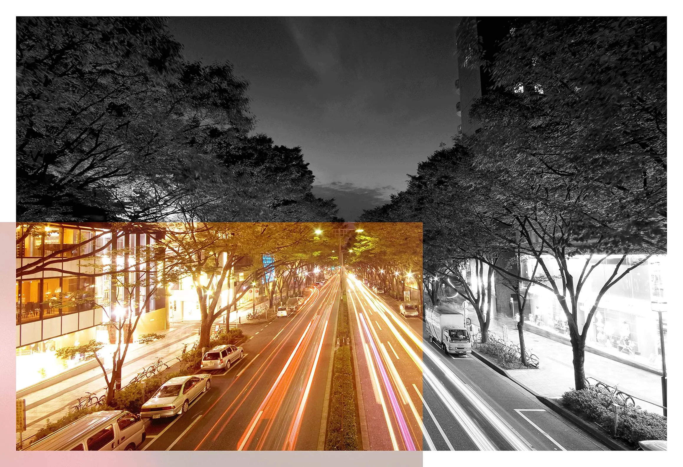 夜の街の風景。全体はモノクロ加工されているが、中央部分にはカラーの光の軌跡が映し出されている。